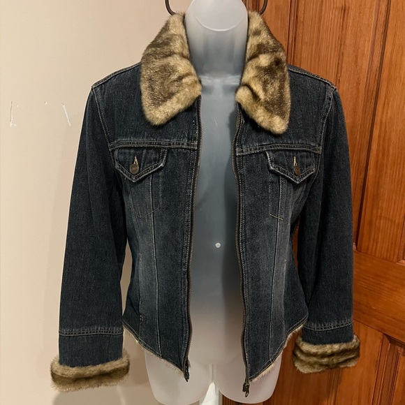 NEW NWOT VINTAGE Y2K GIACCA PENNY LANE BLUE DENIM JACKET FAUX FUR TRIM MEDIUM - Picture 2 of 14